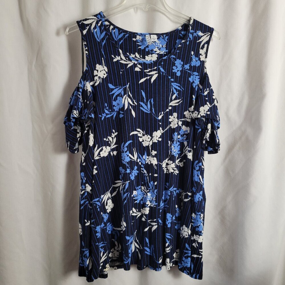Elle Blouse Cold Shoulder XL Blue White floral Rayon BOHO Chic Coastal Romantic